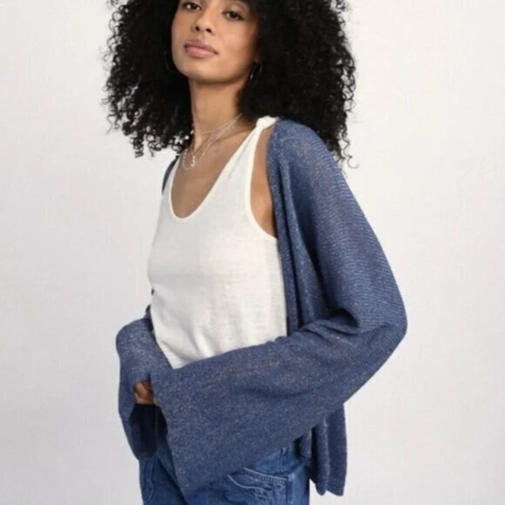 Molly Bracken Shimmer Knit Open Cardigan Blue Metallic NWT